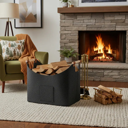 Firewood Log Tote with Leather Handles - Felt Storage Bag for Fireplace