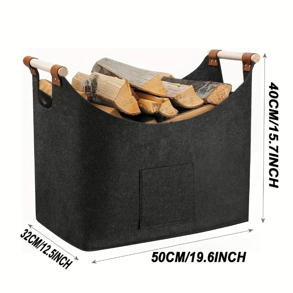 Firewood Log Tote with Leather Handles - Felt Storage Bag for Fireplace