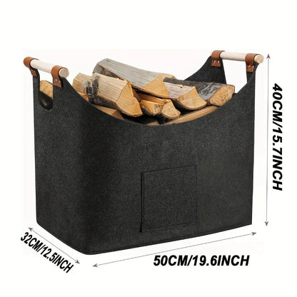Firewood Log Tote with Leather Handles - Felt Storage Bag for Fireplace
