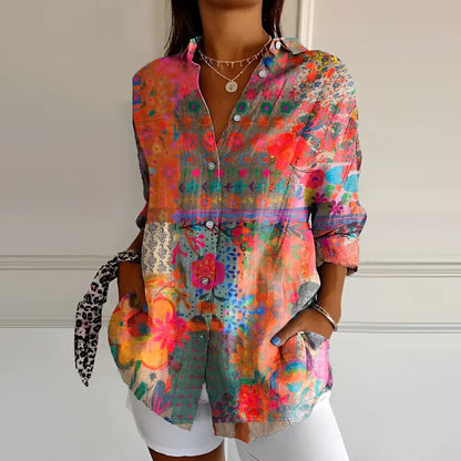 Floral Print Long-Sleeve Button-Front Tunic Blouse for Women