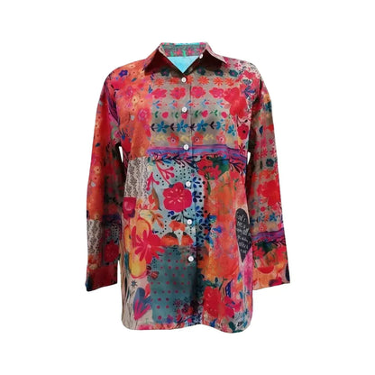Floral Print Long-Sleeve Button-Front Tunic Blouse for Women