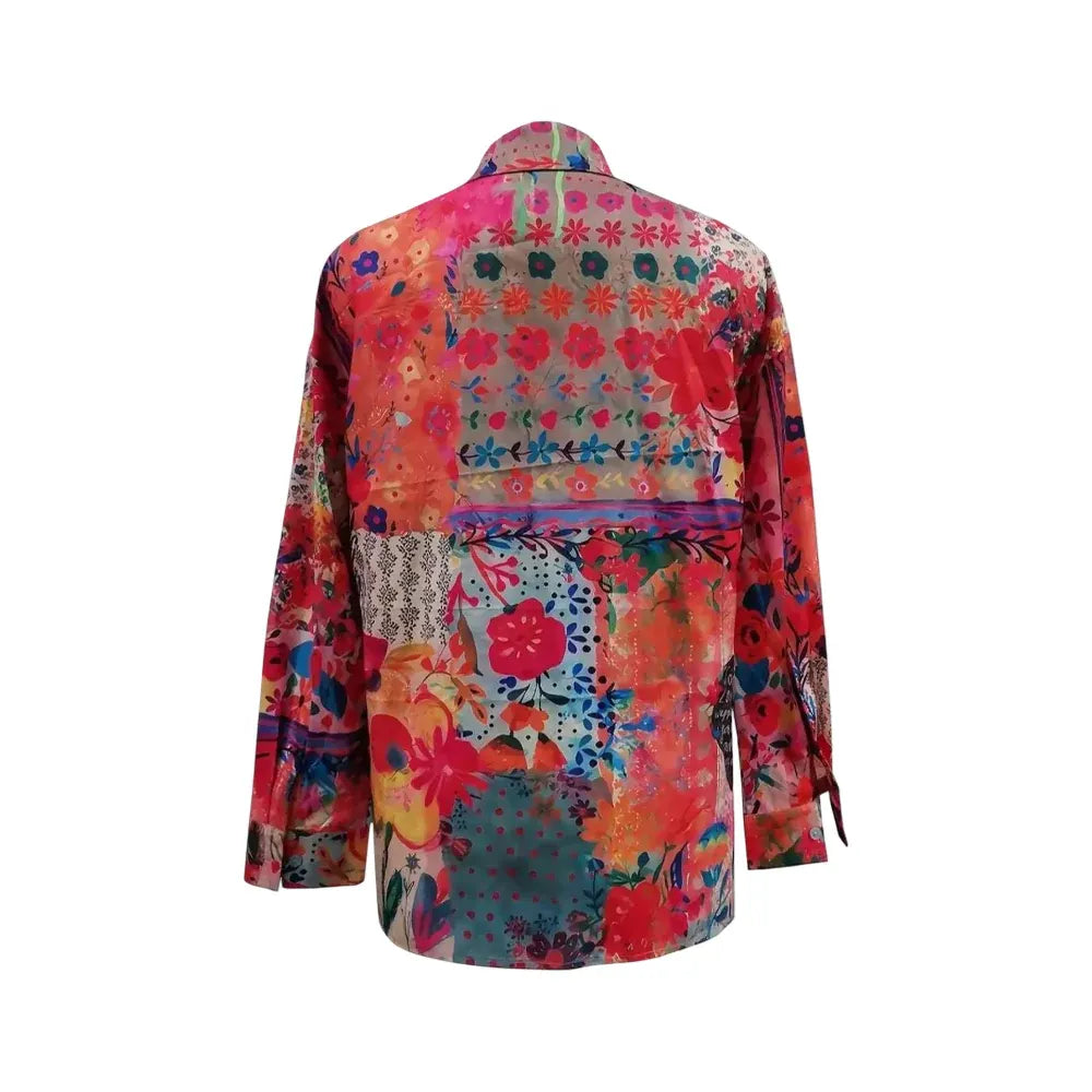 Floral Print Long-Sleeve Button-Front Tunic Blouse for Women