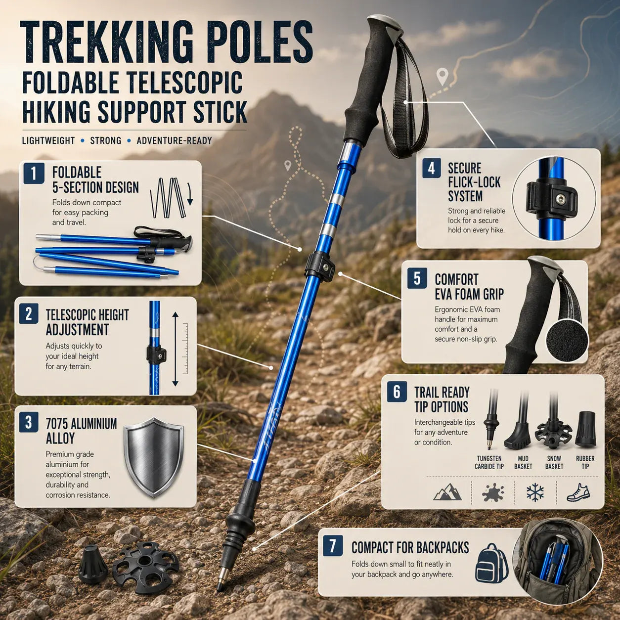Foldable Telescopic Trekking Pole Adjustable Hiking Support Stick