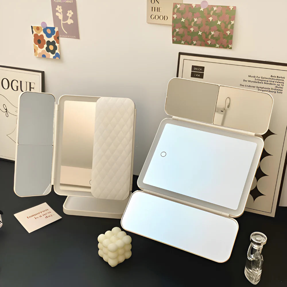 Foldable Tri-Fold Vanity Mirror with LED Lighting and Magnification