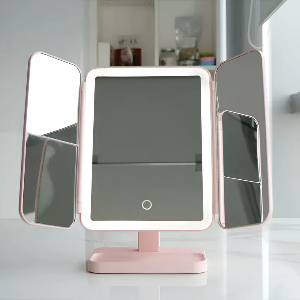 Foldable Tri-Fold Vanity Mirror with LED Lighting and Magnification