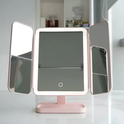 Foldable Tri-Fold Vanity Mirror with LED Lighting and Magnification