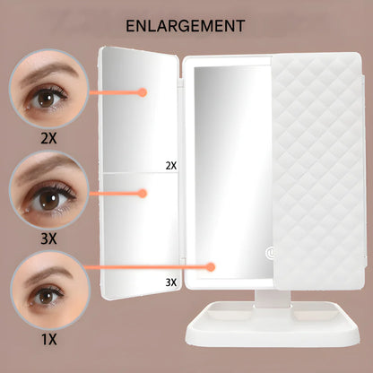 Foldable Tri-Fold Vanity Mirror with LED Lighting and Magnification