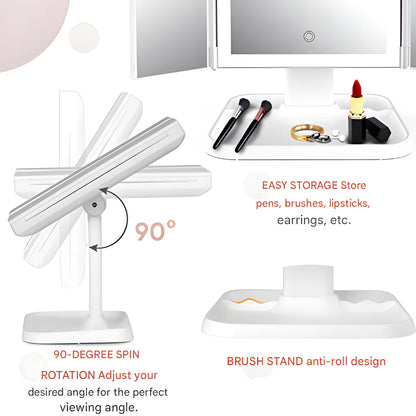 Foldable Tri-Fold Vanity Mirror with LED Lighting and Magnification