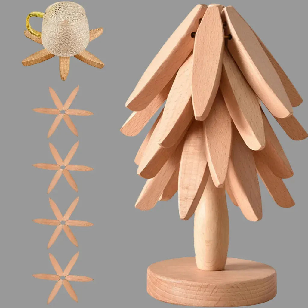 Foldable Wooden Tree-Design Kitchen Trivet Set, Heat Resistant