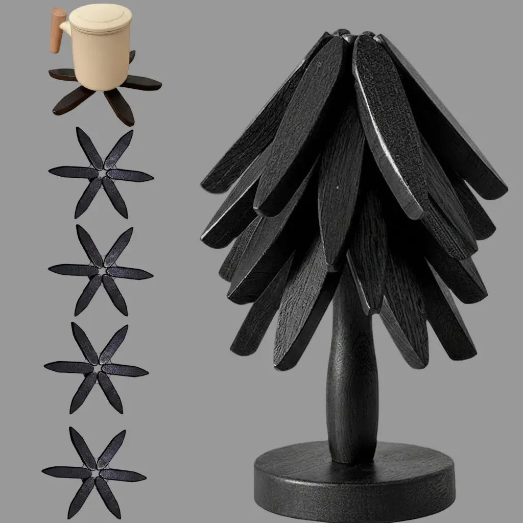Foldable Wooden Tree-Design Kitchen Trivet Set, Heat Resistant