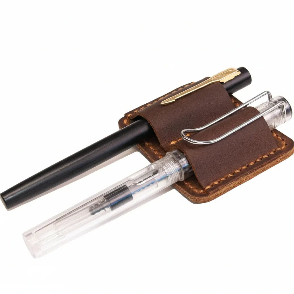 Full Grain Hand-Stitched Leather Journal Pen Holder Clip Accessory
