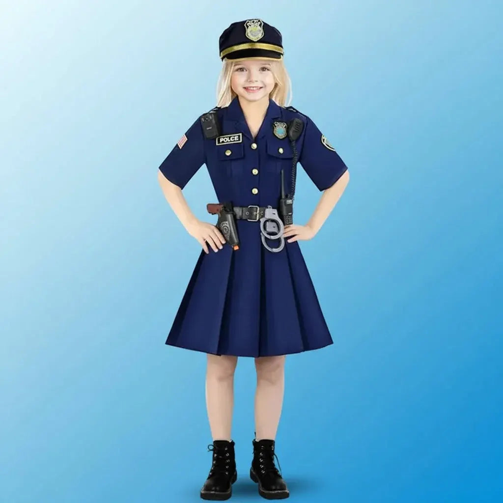 Girls Police Officer Costume Dress Halloween Role Play Outfit