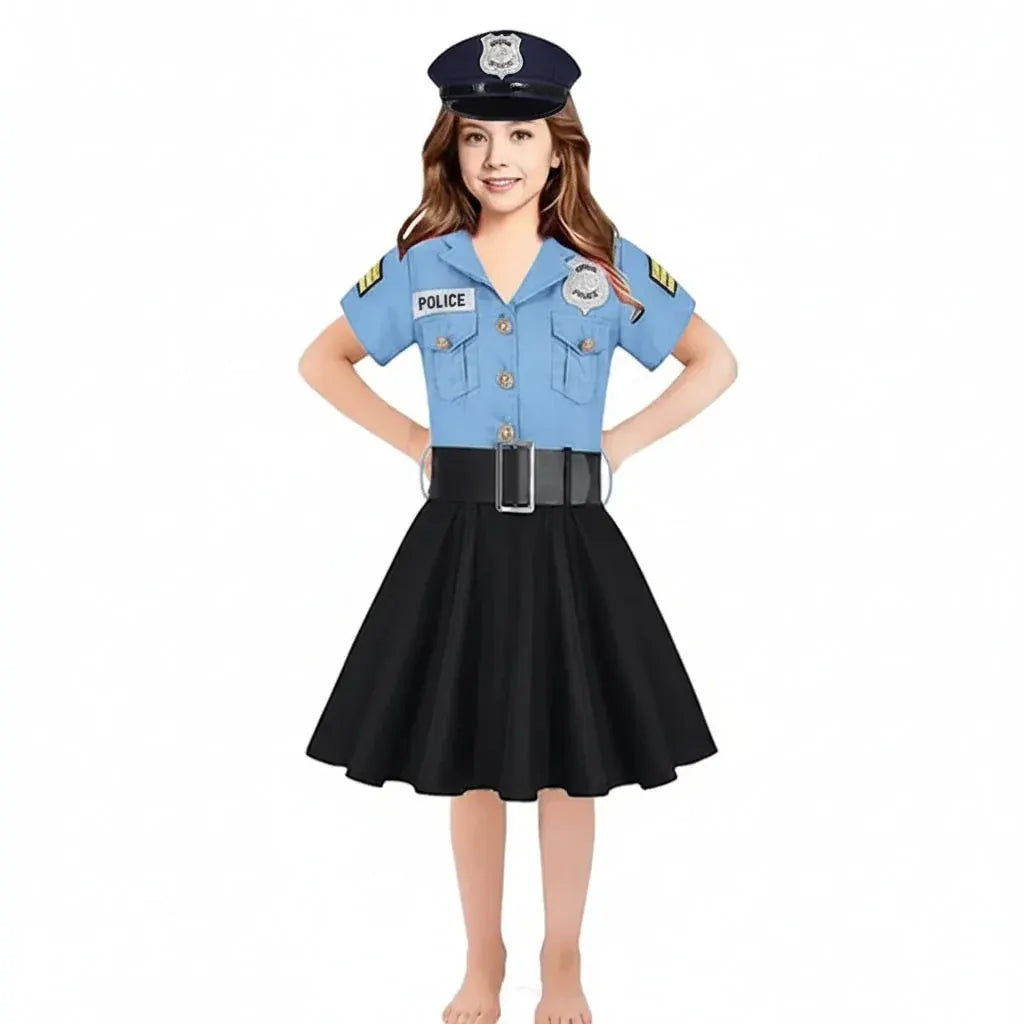 Girls Police Officer Costume Dress Halloween Role Play Outfit