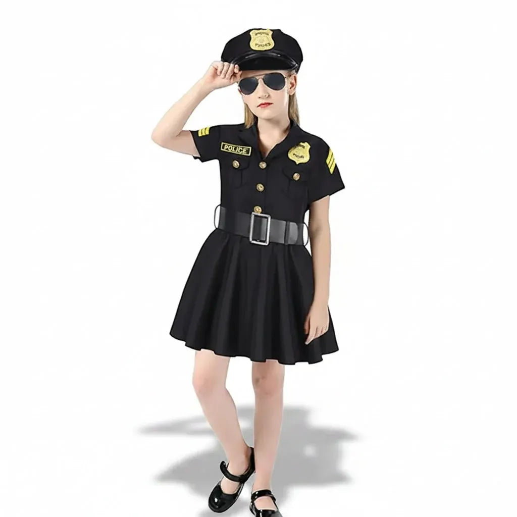 Girls Police Officer Costume Dress Halloween Role Play Outfit