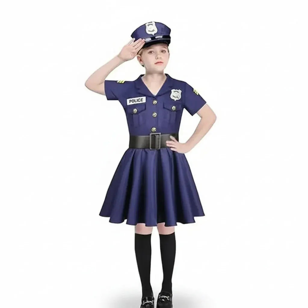 Girls Police Officer Costume Dress Halloween Role Play Outfit