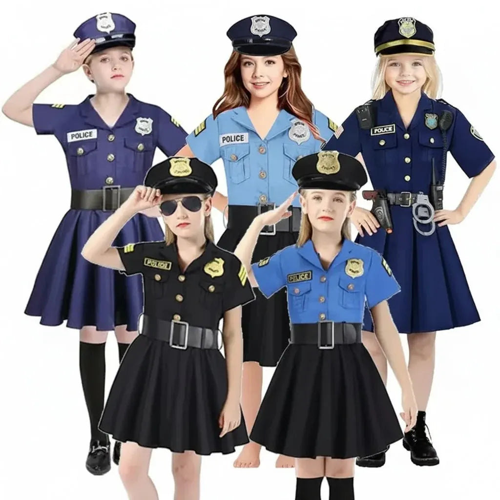 Girls Police Officer Costume Dress Halloween Role Play Outfit