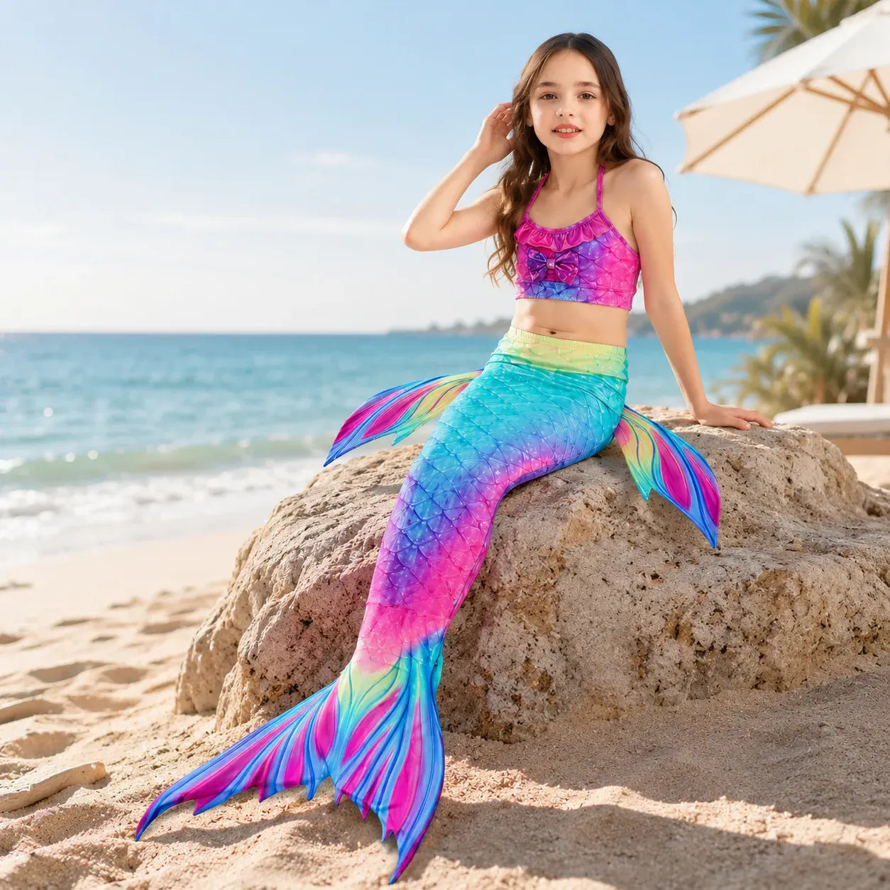 Girls Three-Piece Mermaid Tail Swimsuit Costume Set