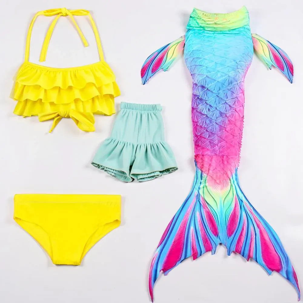 Girls Three-Piece Mermaid Tail Swimsuit Costume Set