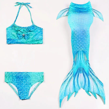 Girls Three-Piece Mermaid Tail Swimsuit Costume Set