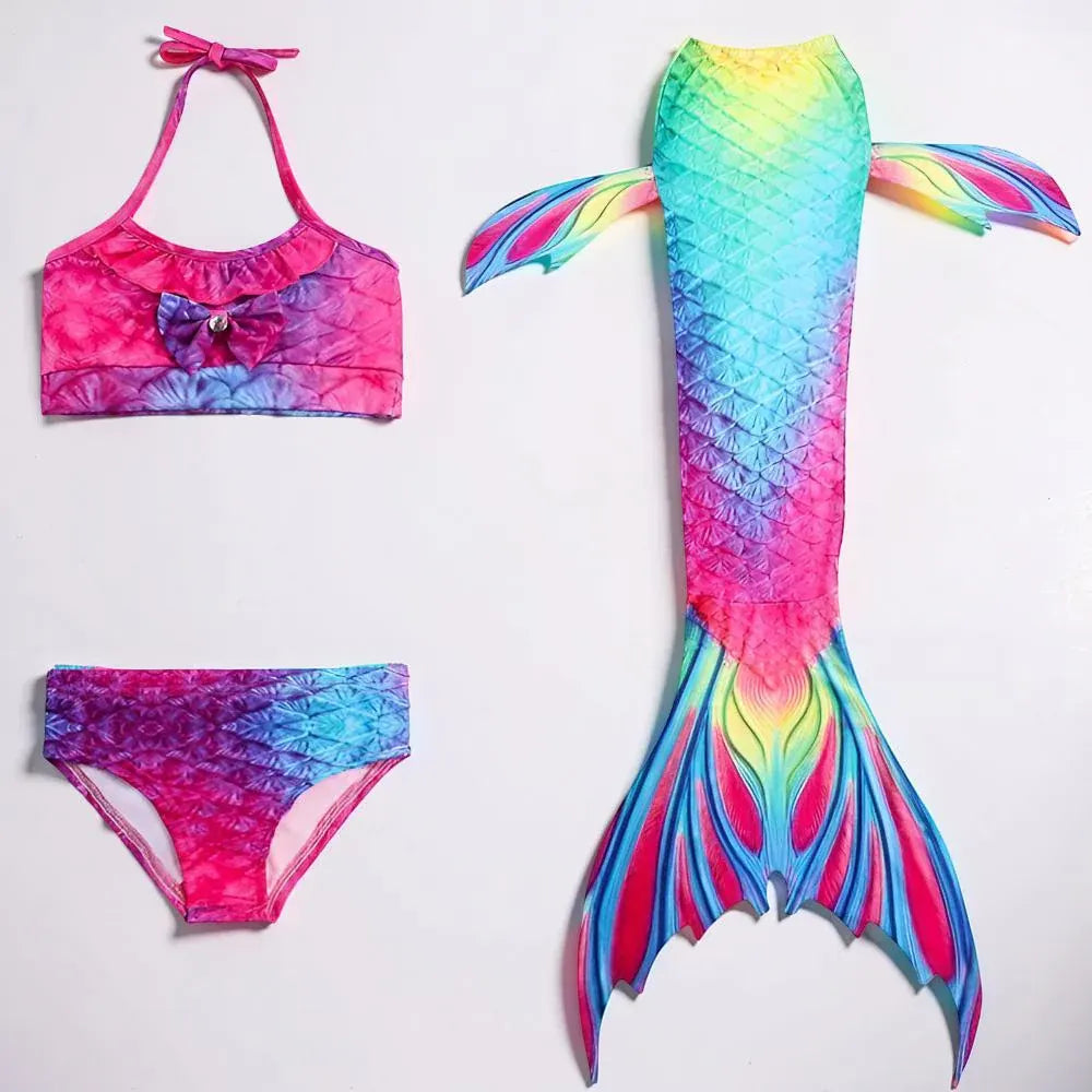 Girls Three-Piece Mermaid Tail Swimsuit Costume Set