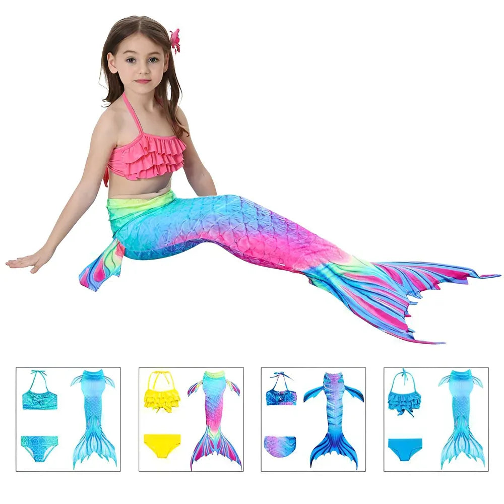 Girls Three-Piece Mermaid Tail Swimsuit Costume Set