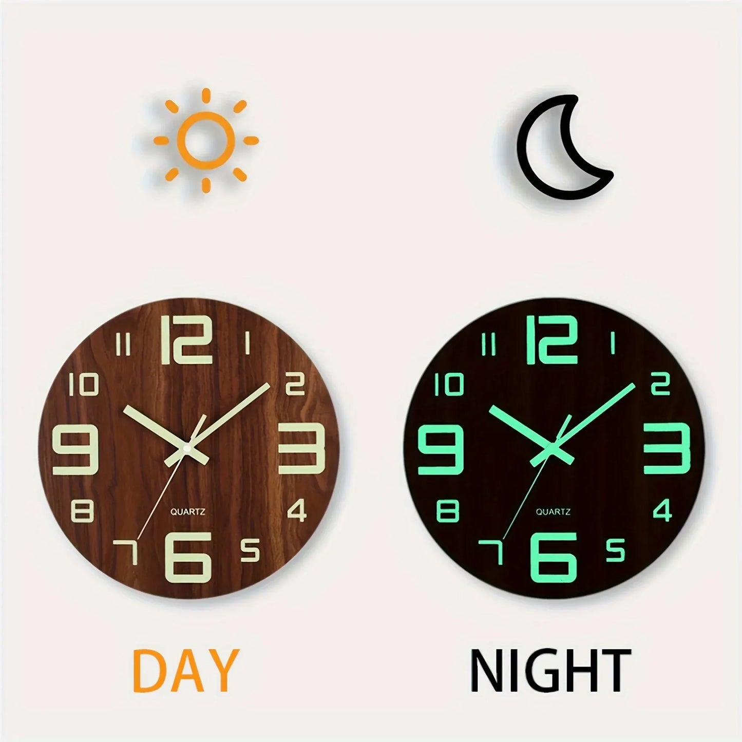 Glow-in-the-Dark Walnut Wood Wall Clock | Silent Illuminated Design