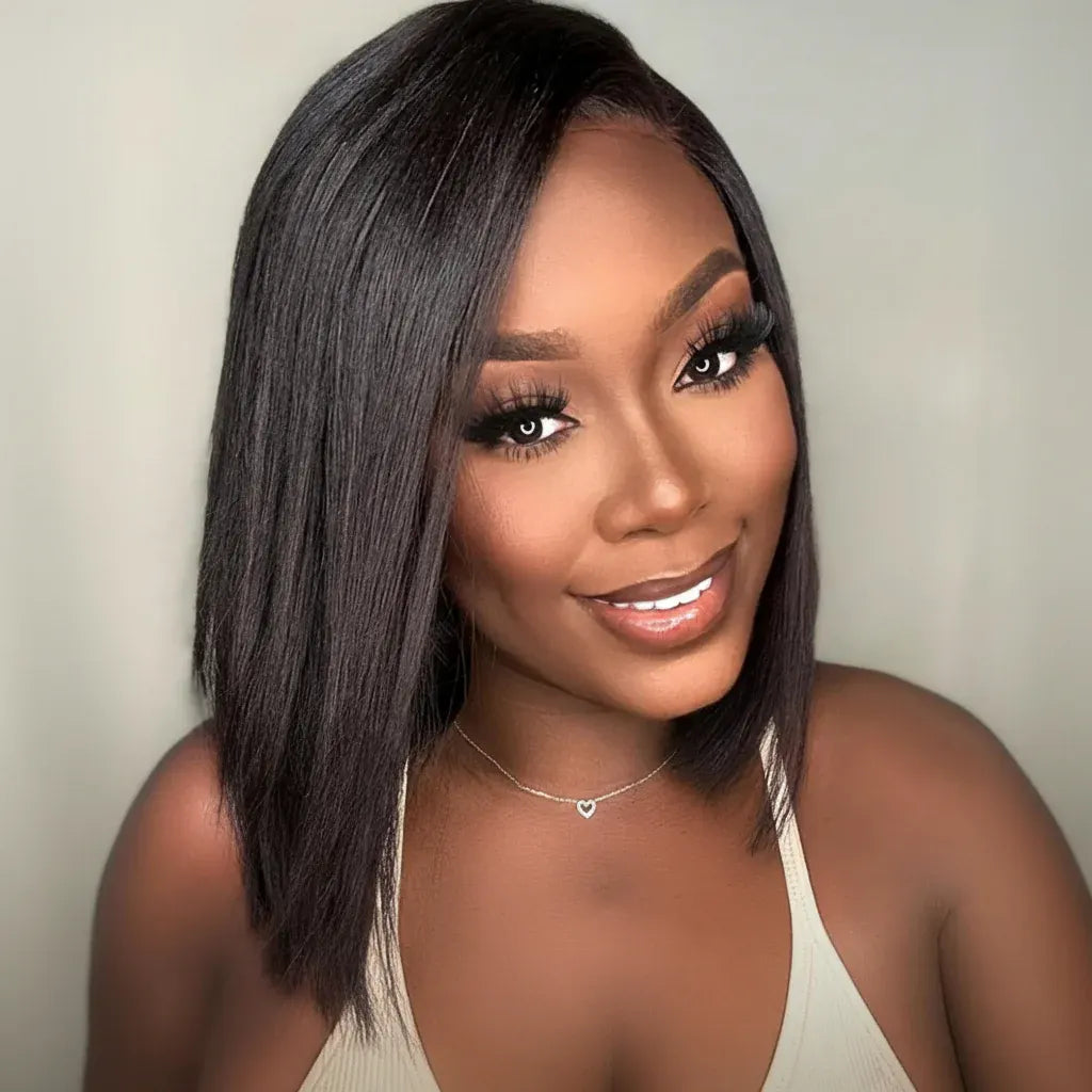 Glueless Straight Bob Yaki Lace Front Human Hair Wig