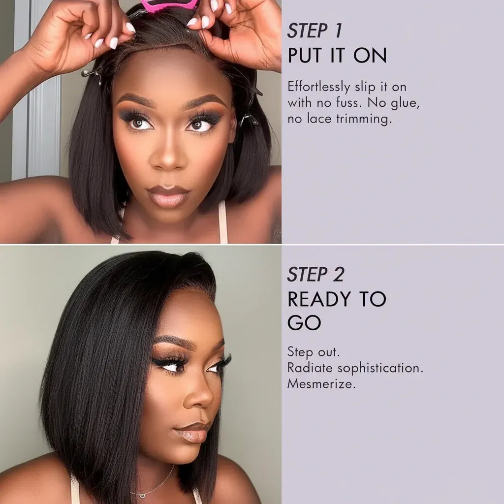 Glueless Straight Bob Yaki Lace Front Human Hair Wig