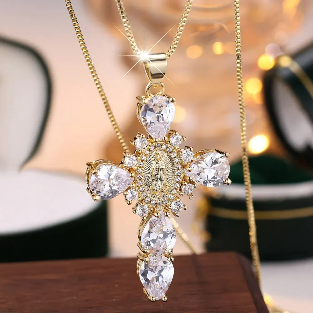 Gold Cross Pendant Necklace with Cubic Zirconia – Mother's Day Gift