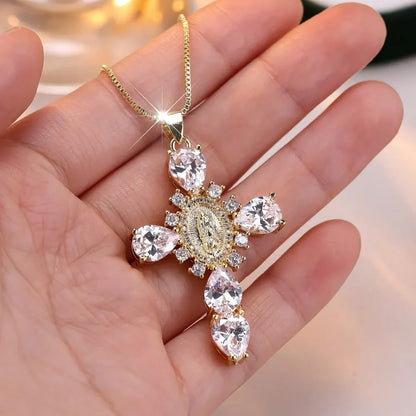 Gold Cross Pendant Necklace with Cubic Zirconia – Mother's Day Gift