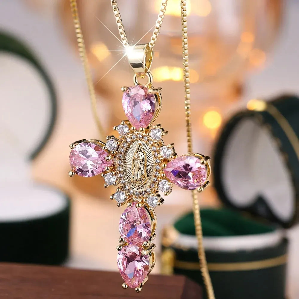 Gold Cross Pendant Necklace with Cubic Zirconia – Mother's Day Gift