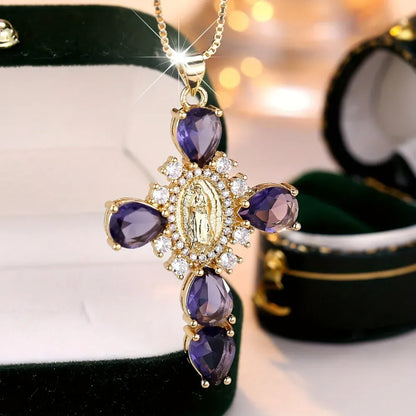 Gold Cross Pendant Necklace with Cubic Zirconia – Mother's Day Gift