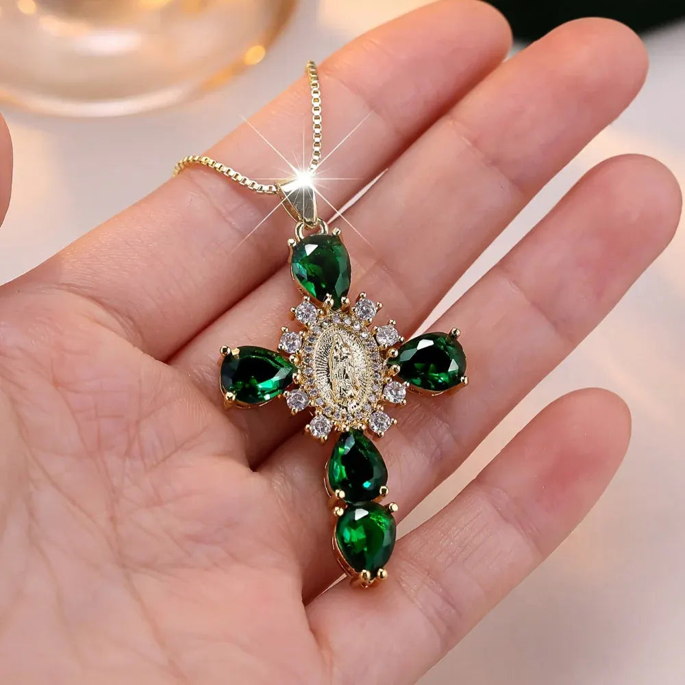 Gold Cross Pendant Necklace with Cubic Zirconia – Mother's Day Gift