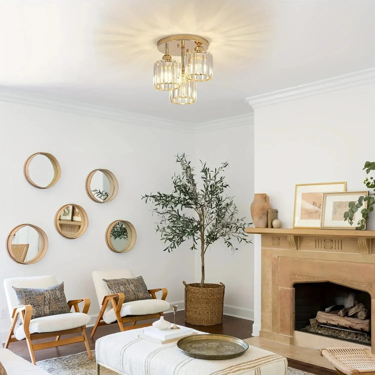 Gold Crystal Semi Flush Mount Ceiling Light – Modern 3-Light Fixture