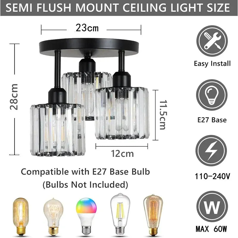 Gold Crystal Semi Flush Mount Ceiling Light – Modern 3-Light Fixture