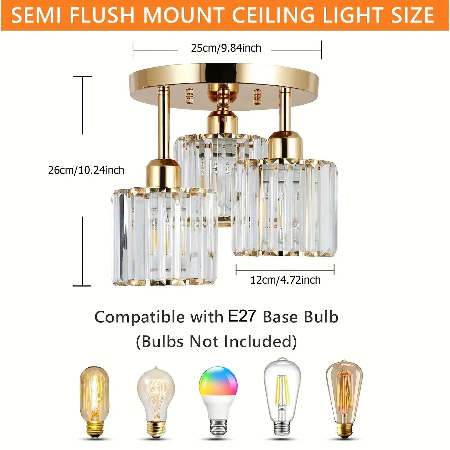 Gold Crystal Semi Flush Mount Ceiling Light – Modern 3-Light Fixture