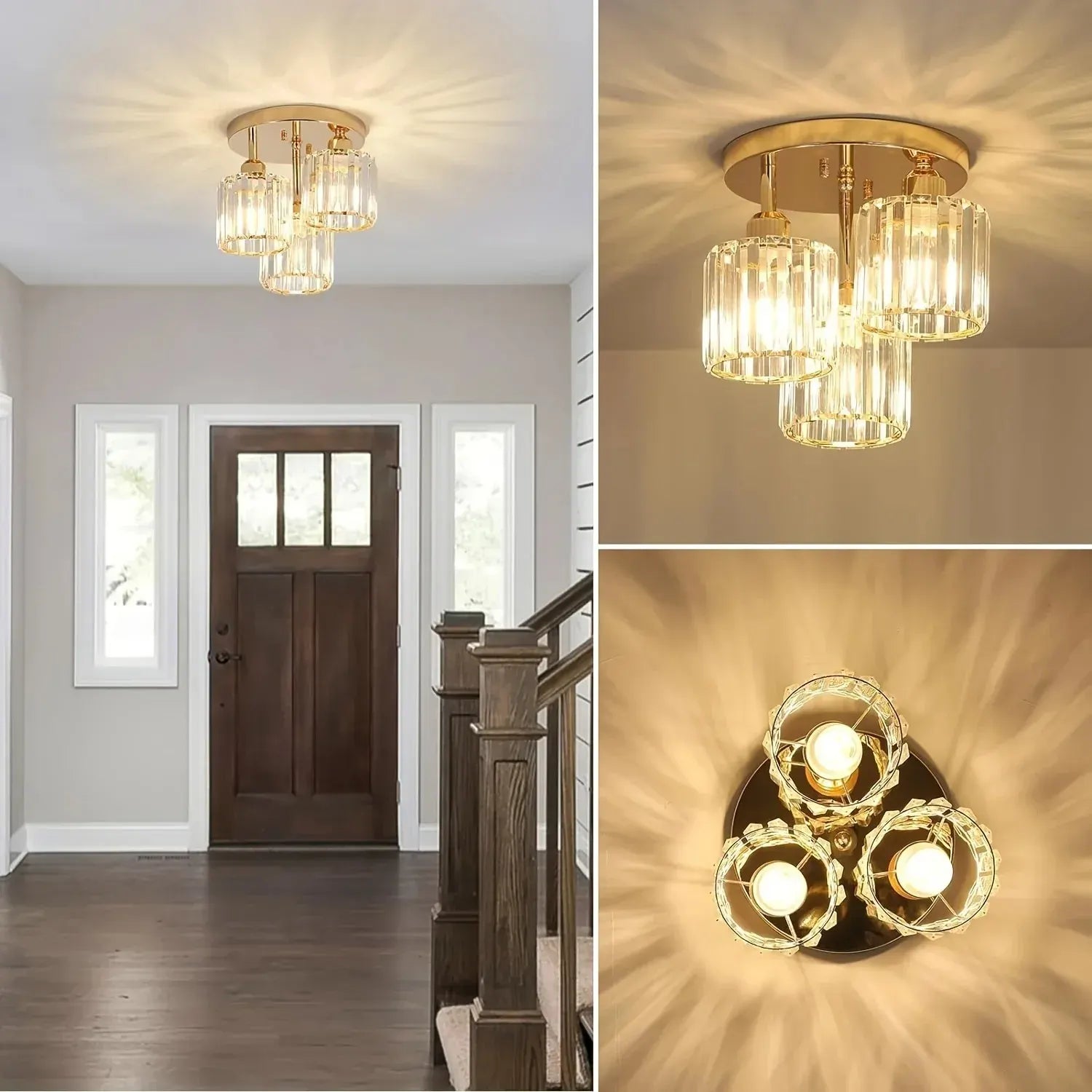 Gold Crystal Semi Flush Mount Ceiling Light – Modern 3-Light Fixture