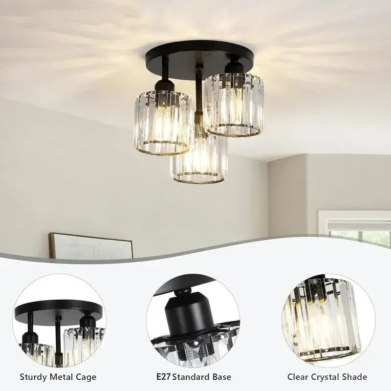 Gold Crystal Semi Flush Mount Ceiling Light – Modern 3-Light Fixture