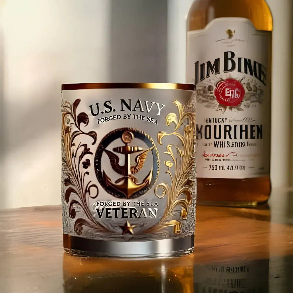 Gold Embossed Military Veteran Whiskey Glass Display Drinkware