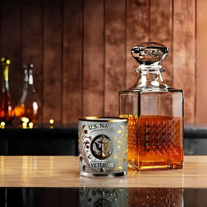 Gold Embossed Military Veteran Whiskey Glass Display Drinkware