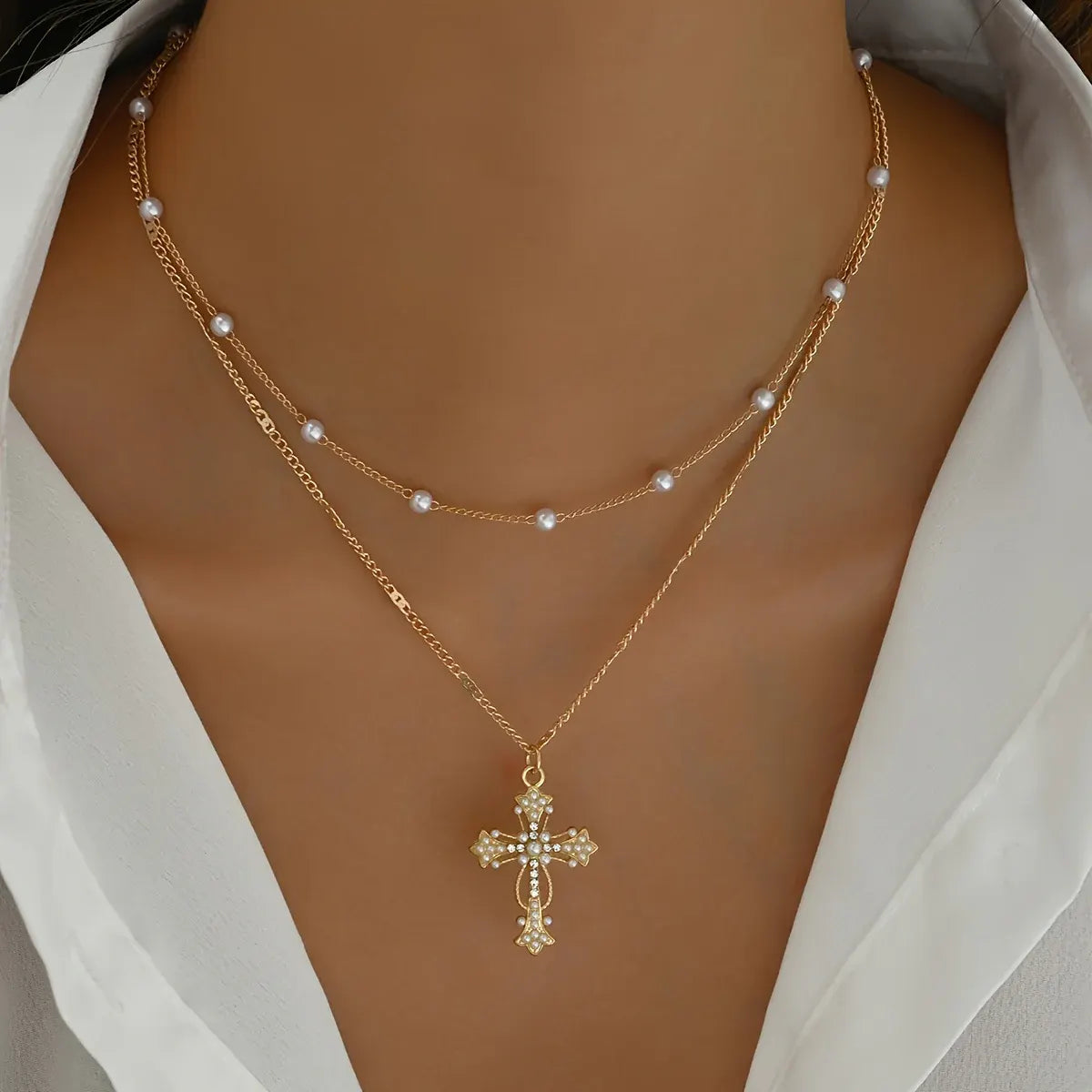 Gold Layered Beaded Cross Pendant Necklace – Mother's Day Gift