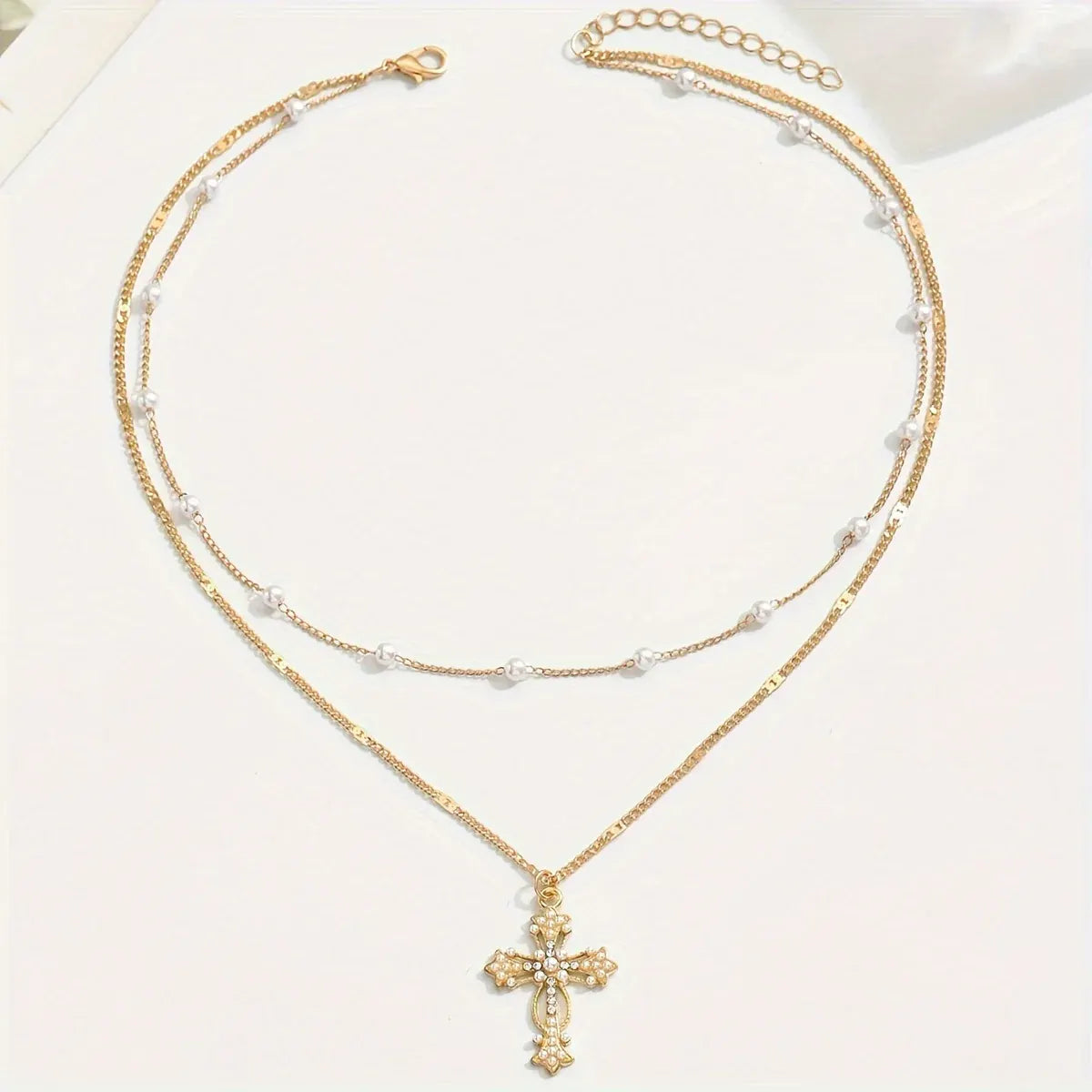 Gold Layered Beaded Cross Pendant Necklace – Mother's Day Gift