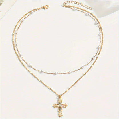 Gold Layered Beaded Cross Pendant Necklace – Mother's Day Gift
