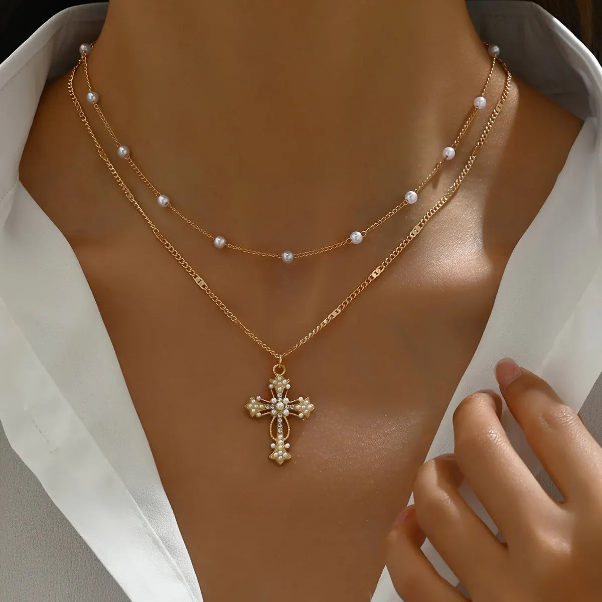 Gold Layered Beaded Cross Pendant Necklace – Mother's Day Gift