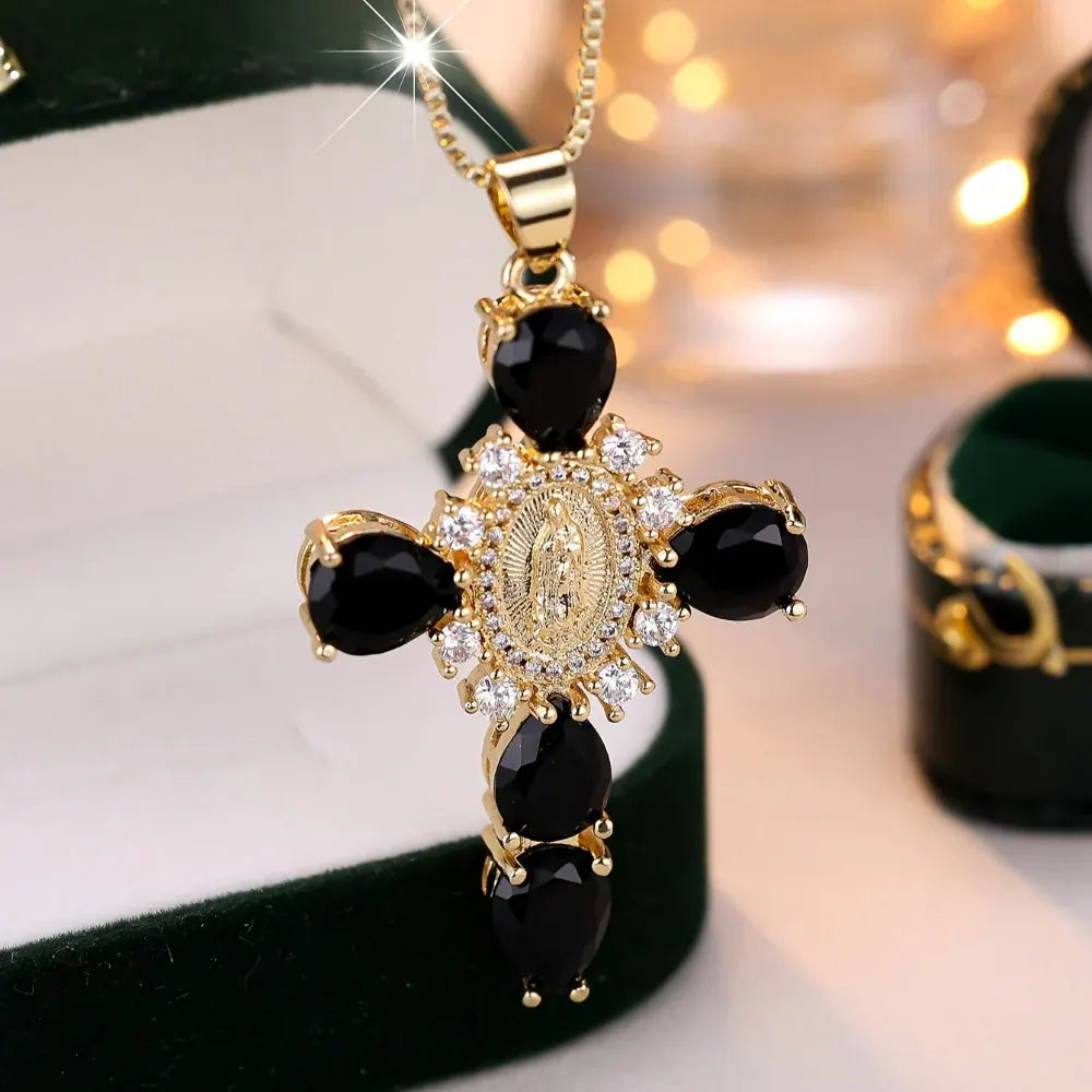 Gold Zircon Crystal Cross Pendant Necklace – Mother's Day Jewelry Gift