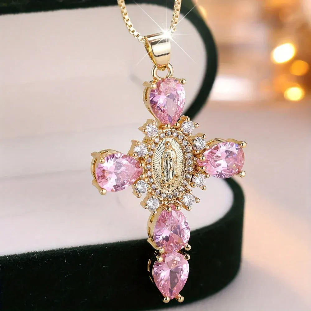 Gold Zircon Crystal Cross Pendant Necklace – Mother's Day Jewelry Gift