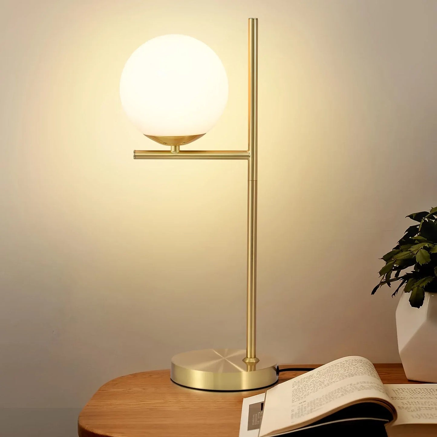 Golden Modern Table Lamp with White Glass Globe Shade