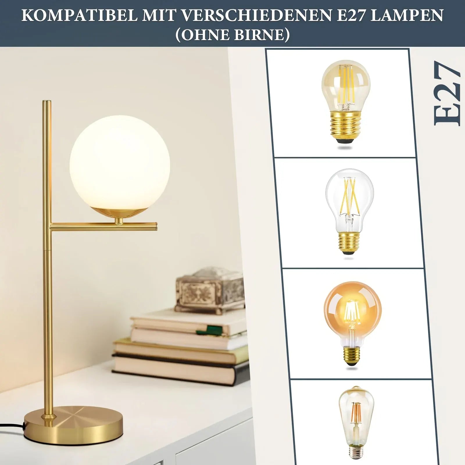 Golden Modern Table Lamp with White Glass Globe Shade