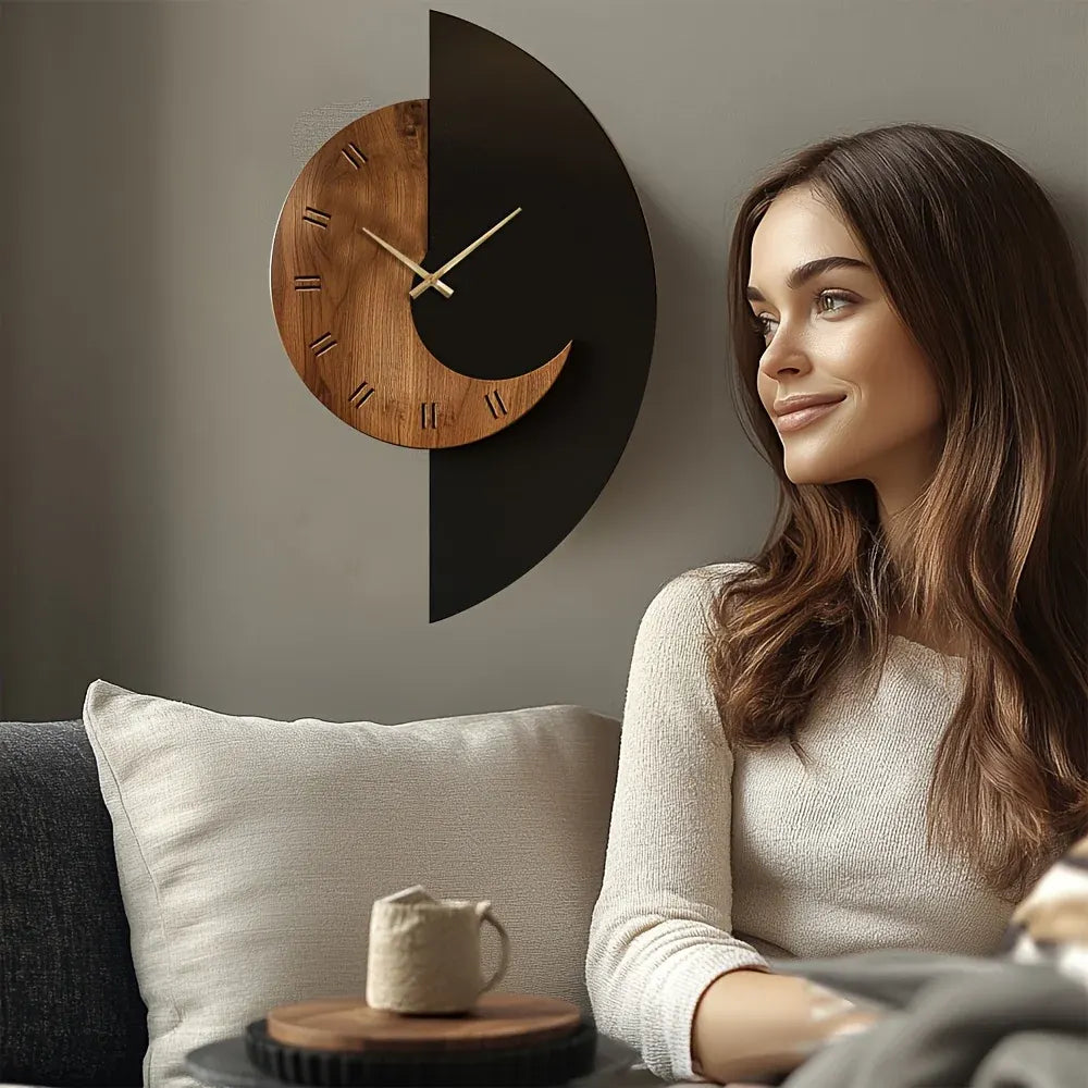 Half-Moon Wooden Wall Clock, Modern Silent Design, Battery Powered