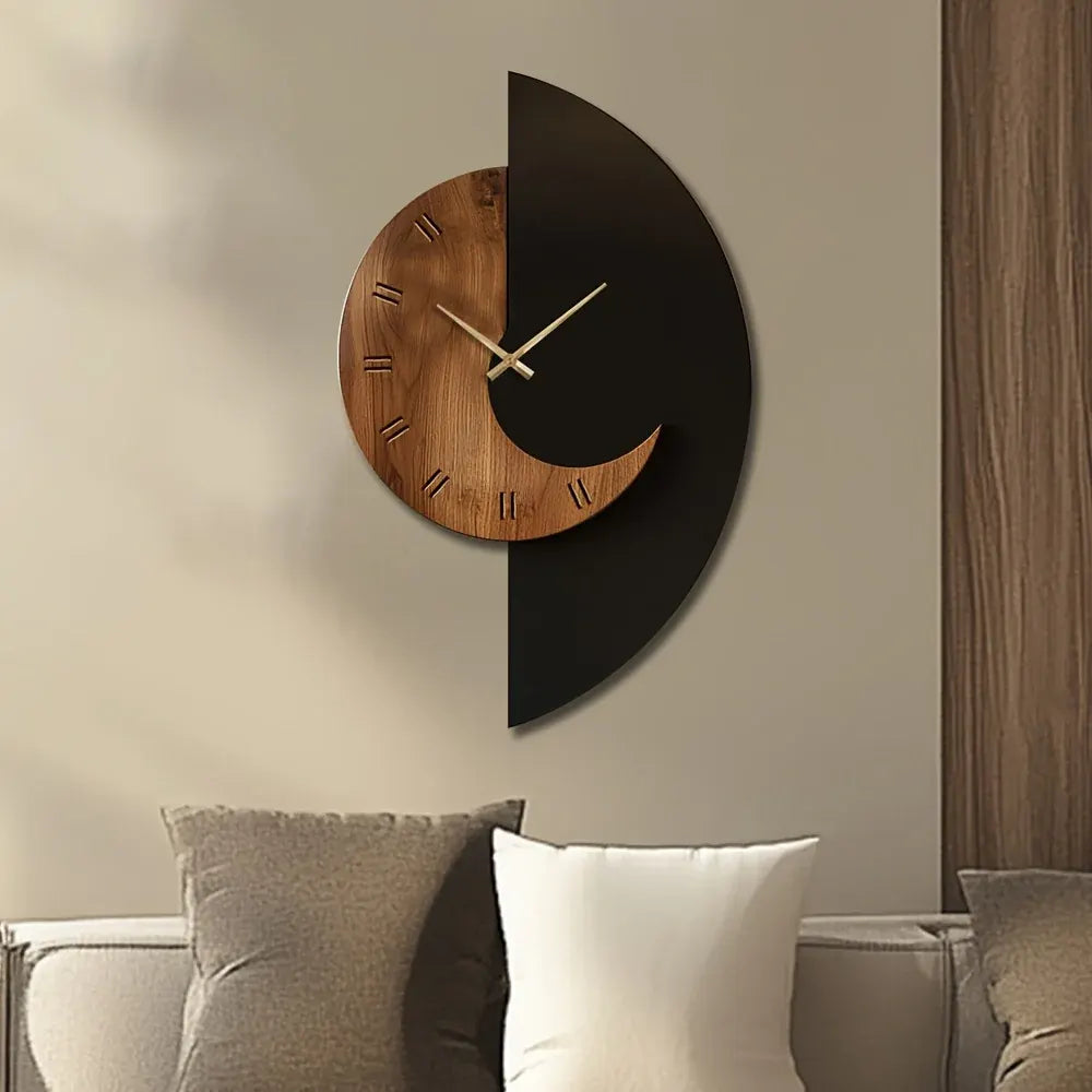 Half-Moon Wooden Wall Clock, Modern Silent Design, Battery Powered